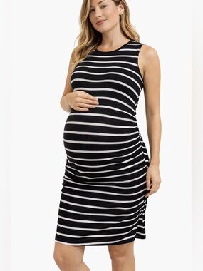 Liz Lange Maternity Black White Striped Sleeveless Dress XL Ruched Side